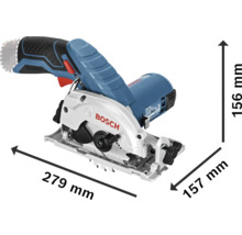 Scie circulaire sans fil Bosch avec indications de dimensions : longueur 279 millimètres, largeur 157 millimètres et hauteur 156 millimètres.