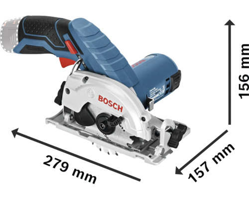 Scie circulaire sans fil Bosch avec indications de dimensions : longueur 279 millimètres, largeur 157 millimètres et hauteur 156 millimètres.