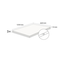 Schematische Zeichnung von 3 Verlegeplatten mit Nut-Feder-Profil, Masse 1250 mal 660 mal 12 Millimeter.