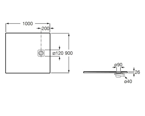 Technische Zeichnung einer rechteckigen Duschwanne, Masse 1000 mal 900 Millimeter, Höhe 26 Millimeter, mit Ablaufdetails.