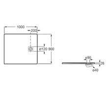Technische Zeichnung einer rechteckigen Duschwanne, Masse 1000 mal 900 Millimeter, Höhe 26 Millimeter, mit Ablaufdetails.