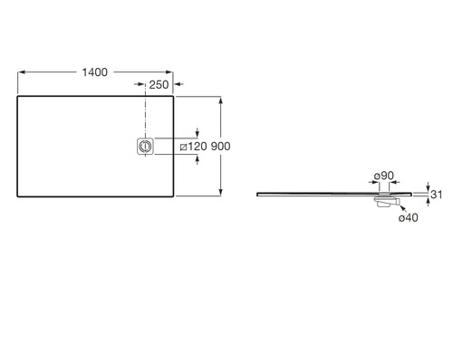 Technische Zeichnung einer Duschwanne mit den Massen 1400 mal 900 mal 31 Millimeter inklusive Details zur Position des Ablaufs.