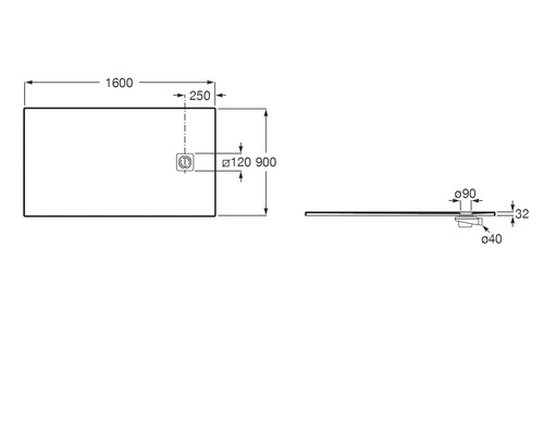 Dessin technique d'un receveur de douche rectangulaire avec des dimensions de 1600 par 900 millimètres et une hauteur de 32 millimètres.