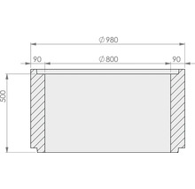 Technische Zeichnung eines Schachtrings mit Aussendurchmesser 980, Innendurchmesser 800, Wandstärke 90 und Höhe 500 Millimetern.
