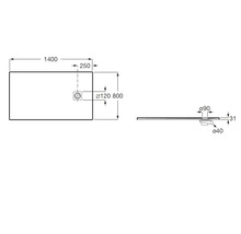 Schéma technique d'un receveur de douche aux dimensions 1400 par 800 millimètres, d'une hauteur de 31 millimètres et évacuation latérale.