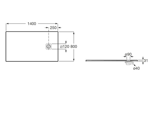 Schéma technique d'un receveur de douche aux dimensions 1400 par 800 millimètres, d'une hauteur de 31 millimètres et évacuation latérale.
