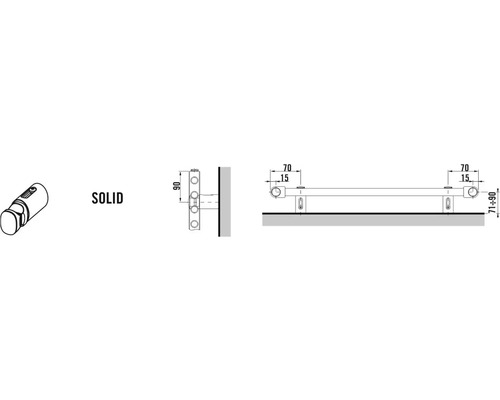 Technische Zeichnung und dreidimensionale Ansicht des Stossgriffs Solid mit Massangaben in Millimetern.