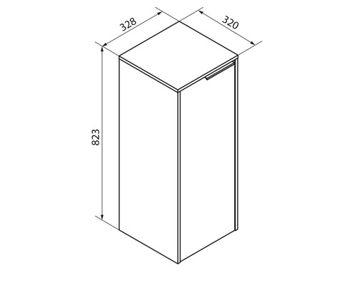 Schéma technique d'un meuble de salle de bain avec les dimensions 823 par 328 par 320 millimètres.
