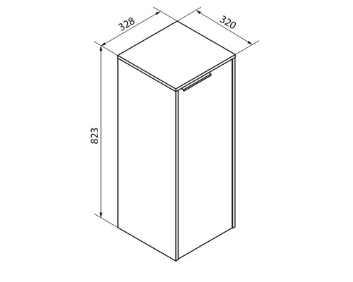 Croquis d un meuble bas de salle de bain avec dimensions 823 millimètres de hauteur, 320 millimètres de largeur et 328 millimètres de profondeur.