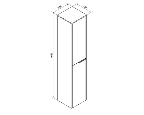 Croquis coté d une armoire haute avec les dimensions 1633 millimètres de hauteur, 320 millimètres de largeur et 328 millimètres de profondeur.