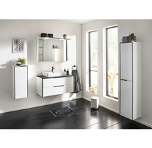 Salle de bains moderne avec meuble sous lavabo suspendu, vasque à poser et armoire de toilette. Design clair et mobilier organisé.