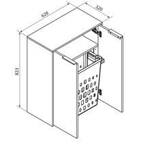 Dessin technique d un meuble de salle de bain avec panier à linge intégré, hauteur 823 millimètres, largeur 628 millimètres, profondeur 320 millimètres.