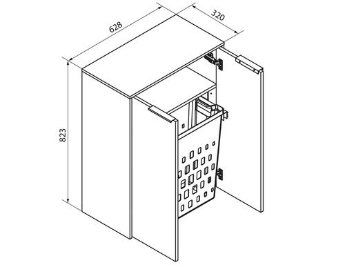 Dessin technique d un meuble de salle de bain avec panier à linge intégré, hauteur 823 millimètres, largeur 628 millimètres, profondeur 320 millimètres.