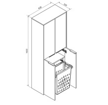 Dessin technique d'une armoire haute avec panier à linge, hauteur 1633 millimètres, largeur 628 millimètres, profondeur 320 millimètres.