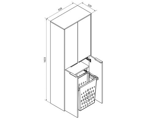 Dessin technique d'une armoire haute avec panier à linge, hauteur 1633 millimètres, largeur 628 millimètres, profondeur 320 millimètres.