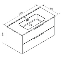 Masszeichnung Waschbeckenunterschrank mit zwei Schubladen und Waschbecken, Breite 1010 Millimeter, Tiefe 465 Millimeter, Höhe 500 Millimeter.