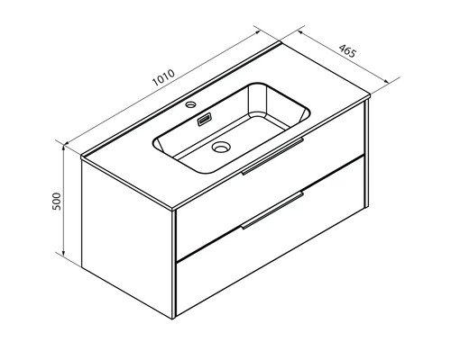 Masszeichnung Waschbeckenunterschrank mit zwei Schubladen und Waschbecken, Breite 1010 Millimeter, Tiefe 465 Millimeter, Höhe 500 Millimeter.