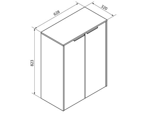 Dessin technique pour un meuble à deux portes avec une hauteur de 823 millimètres, une largeur de 628 millimètres et une profondeur de 320 millimètres.