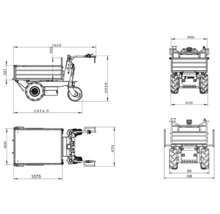 Technische Zeichnung eines Zipper Minidumpers mit Maßangaben in Millimeter. Seitenansicht, Draufsicht, Vorderansicht und Rückansicht sind dargestellt.