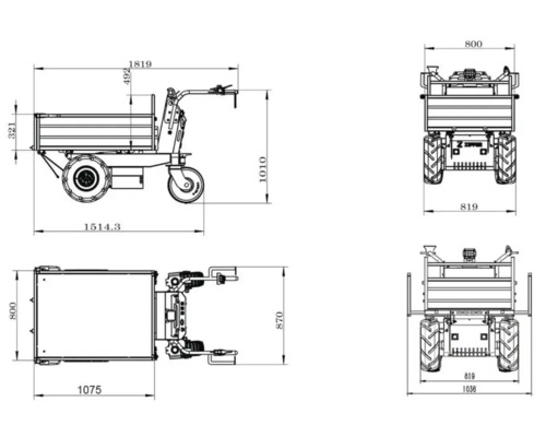 Technische Zeichnung eines Zipper Minidumpers mit Maßangaben in Millimeter. Seitenansicht, Draufsicht, Vorderansicht und Rückansicht sind dargestellt.