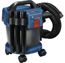 Bosch Professional Akku-Nass- und Trockensauger GAS 18 Volt-10 Liter in Blau und Schwarz mit Saugrohren und flexiblem Schlauch auf Rollen.