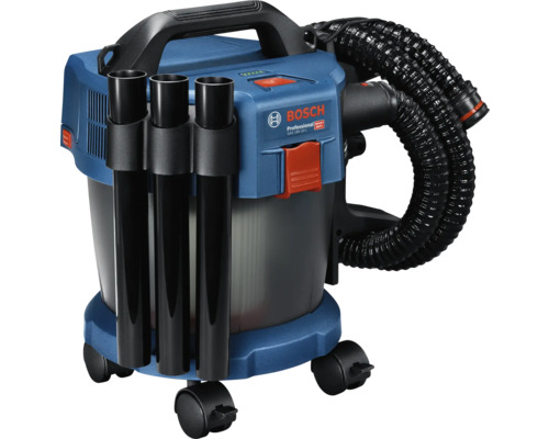 Bosch Professional Akku-Nass- und Trockensauger GAS 18 Volt-10 Liter in Blau und Schwarz mit Saugrohren und flexiblem Schlauch auf Rollen.