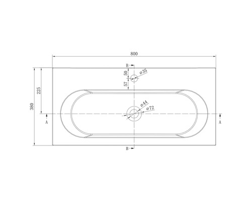 Dessin technique d'un lavabo en vue de dessus avec des dimensions en millimètres. Largeur 800 millimètres, profondeur 380 millimètres.