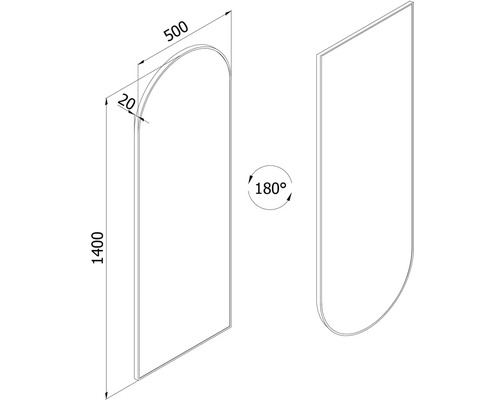 Dessin technique d un panneau cintré, hauteur 1400 millimètres, largeur 500 millimètres, profondeur 20 millimètres, rotatif à 180 degrés.