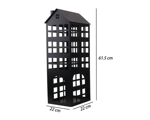 Lanterne noire en forme de maison en métal, hauteur 61,5 centimètres, largeur 22 centimètres, profondeur 22 centimètres.