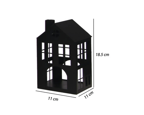 Photophore noir en forme de maison avec des fenêtres et une cheminée. Dimensions 11 par 11 par 18,5 centimètres.