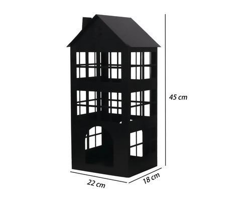 Photophore noir en forme de maison en métal avec fenêtres, dimensions 45 centimètres de haut, 22 centimètres de large et 18 centimètres de profondeur.
