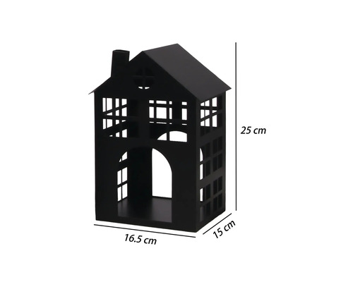 Lanterne maison noire en métal, découpes fenêtres, hauteur 25 centimètres, largeur 16,5 centimètres, profondeur 15 centimètres.