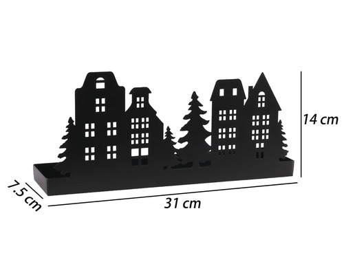 Schwarzer Kerzenhalter aus Metall mit Häuser-Silhouette und Tannenbäumen, Breite 31 Zentimeter, Höhe 14 Zentimeter, Tiefe 7,5 Zentimeter.