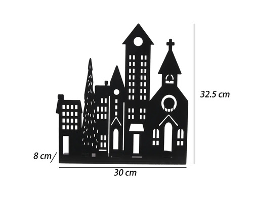 Schwarze Metall-Dekoration Stadt-Silhouette mit Kirche und Häusern, Breite 30 Zentimeter, Höhe 32,5 Zentimeter, Tiefe 8 Zentimeter.