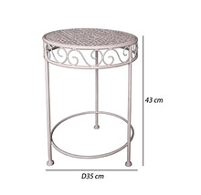 Runder Beistelltisch aus Metall mit dekorativen Ornamenten, Durchmesser 35 Zentimeter, Höhe 43 Zentimeter.