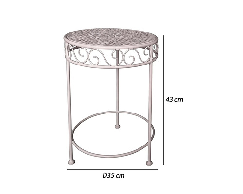 Runder Beistelltisch aus Metall mit dekorativen Ornamenten, Durchmesser 35 Zentimeter, Höhe 43 Zentimeter.