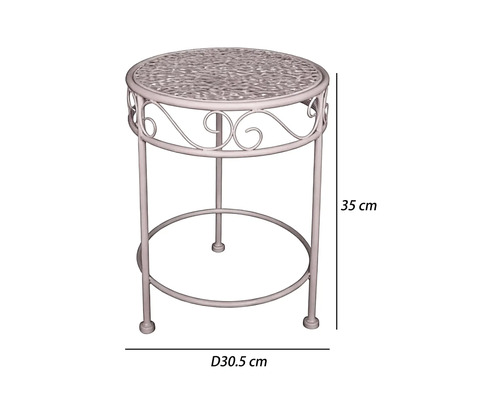 Runder Beistelltisch aus Metall mit verzierten Ornamenten, Durchmesser 30,5 Zentimeter, Höhe 35 Zentimeter.