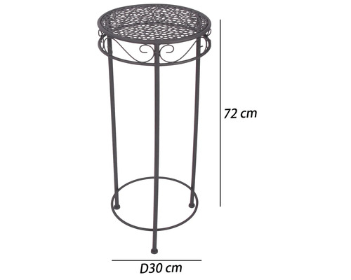 Blumenständer aus Metall mit dekorativen Ornamenten und gelochter runder Ablage, Höhe 72 Zentimeter, Durchmesser 30 Zentimeter.