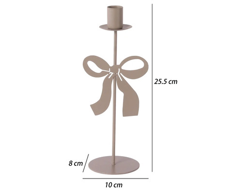 Stabkerzenhalter aus Metall mit Schleifen-Motiv, Höhe 25,5 Zentimeter, Breite 10 Zentimeter, Tiefe 8 Zentimeter.