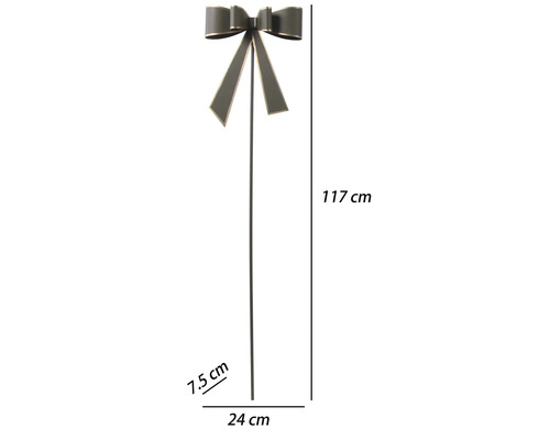 Gartenstecker aus Metall mit dekorativer Schleife, Höhe 117 Zentimeter, Breite 24 Zentimeter, Tiefe 7,5 Zentimeter.