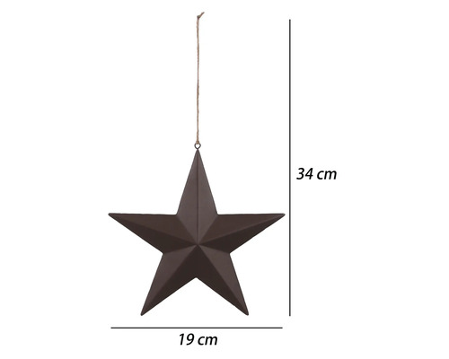 Dunkelbrauner Metallstern zum Aufhängen mit Juteschnur, Breite 19 Zentimeter, Gesamthöhe 34 Zentimeter.