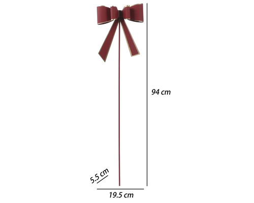Rote Dekoschleife am Stab mit goldfarbenem Rand, Höhe 94 Zentimeter, Breite 19,5 Zentimeter, Tiefe 5,5 Zentimeter.