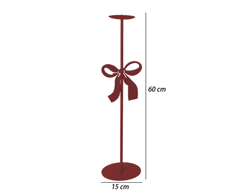 Roter Kerzenständer aus Metall mit dekorativer Schleife, Höhe 60 Zentimeter, Fussdurchmesser 15 Zentimeter.