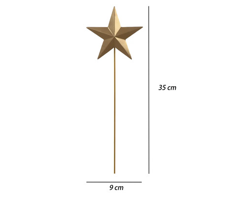 Goldfarbener Gartenstecker Stern aus Metall, Breite 9 Zentimeter, Höhe 35 Zentimeter.