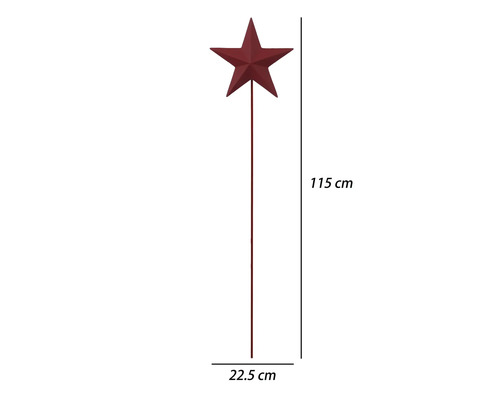 Gartenstecker mit rotem Stern, Höhe 115 Zentimeter, Breite 22,5 Zentimeter.