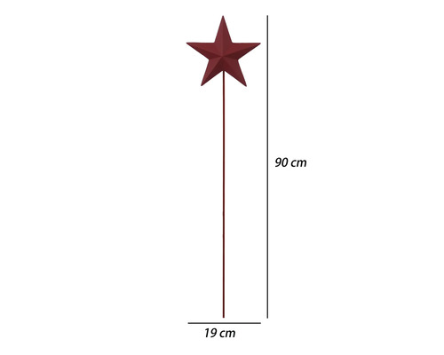 Roter Gartenstecker mit einem Stern aus Metall, 90 Zentimeter hoch und 19 Zentimeter breit.
