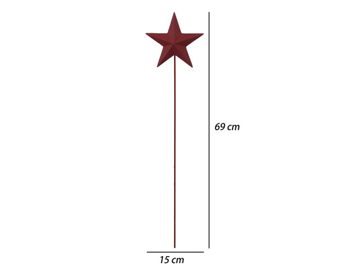 Roter Gartenstecker Stern aus Metall, Höhe 69 Zentimeter, Breite 15 Zentimeter.