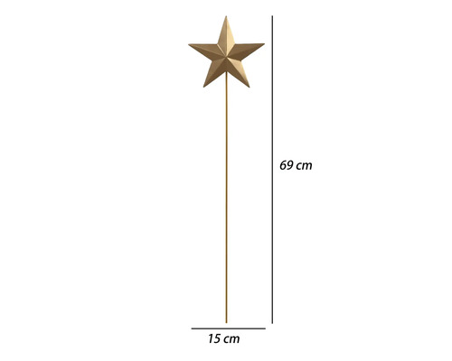 Gartenstecker mit goldenem Stern, Höhe 69 Zentimeter, Breite 15 Zentimeter.