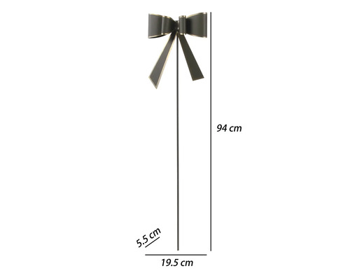 Gartenstecker aus Metall als dunkle Schleife mit Goldrand, Höhe 94 Zentimeter, Breite 19,5 Zentimeter, Tiefe 5,5 Zentimeter.