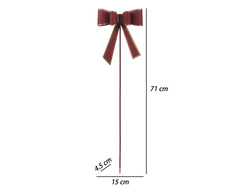 Dekorative rote Schleife am Stab mit goldenem Rand, Höhe 71 Zentimeter, Breite 15 Zentimeter, Tiefe 4,5 Zentimeter.